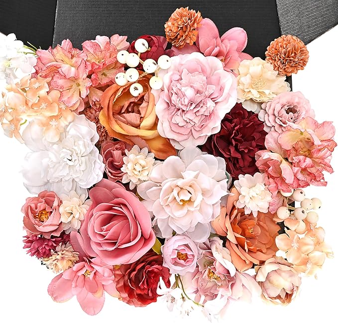 Artificial Flowers Combo Box, 34PCS Fake Flowers, Silk Flower Mix with Wire Stem, DIY Wedding Bridal Bouquet for Arrangement, Shower Party Home Décor, Soft Blush & Apricot Mix