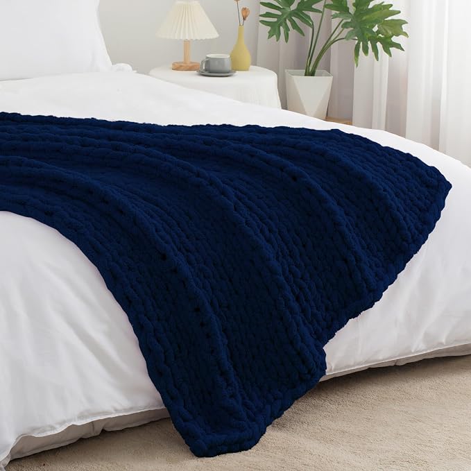 Chunky Knit Throw Blanket 60x80, 100% Handmade Chenille Yarn | 6.7lbs Soft Thick Cable Knitted Blankets, Large Rope Knot Crochet Throws for Couch Sofa Bed Machine Washable, Navy Blue