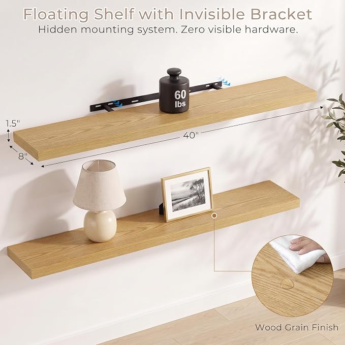 Vivelove Wall Floating Shelves for Display with Invisible Brackets, Long Floating Shelves for Bedroom Bathroom Living Room Kitchen Office, 40”X 8" X 1.4", Set of 2 - Oak