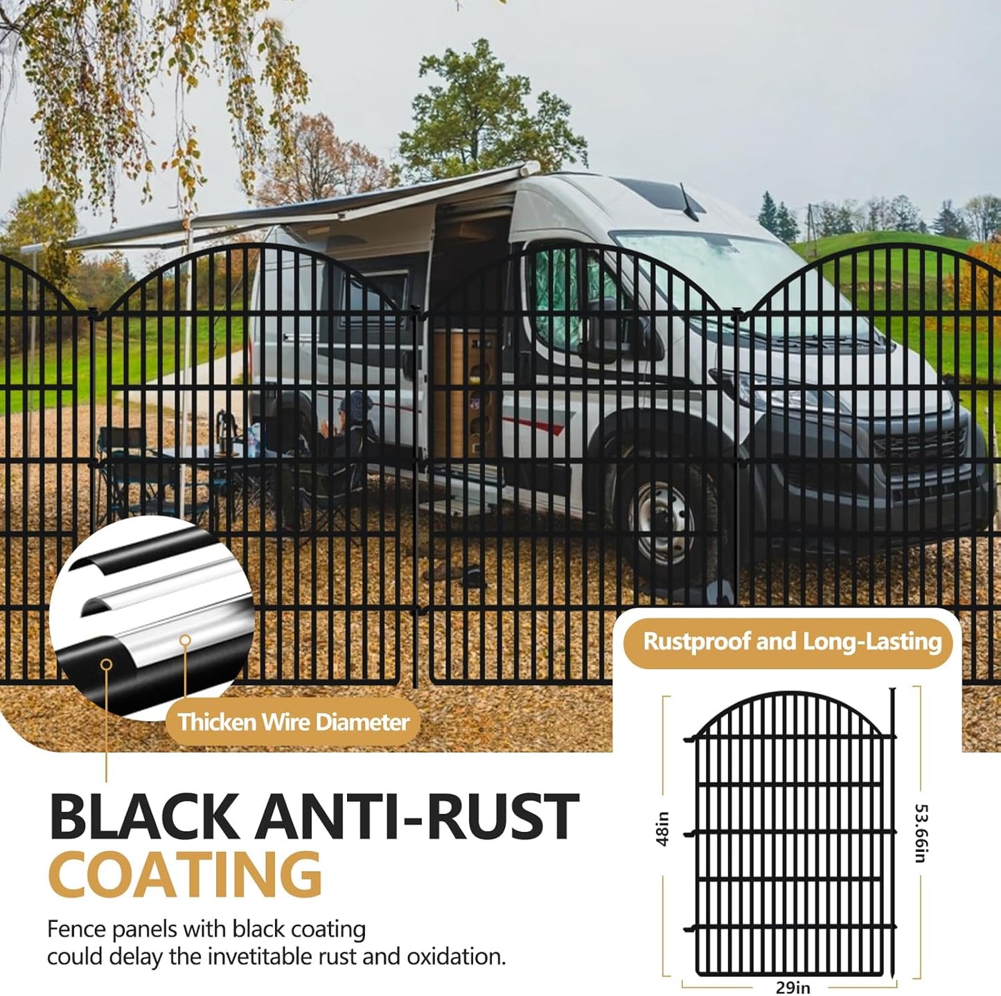 10 Panels Decorative Garden Metal Fence, 48in (H) x 24ft (L) No Dig Dog Fencing for Outdoor Yard, Rustproof Animal Ground Stakes Temporary Panel Border Barrier for Patio Flower Bed Camping