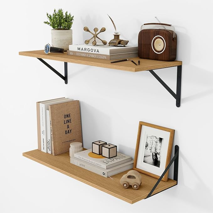 Vivelove 8 Inch Deep Floating Shelves for Wall, 24W x 8D Wood Wall Shelves Set of 2, Rustic Oak Wide Floating Bookshelf for Living Room, Kitchen, Office, Bedroom, with Black Metal Bracke - Oak