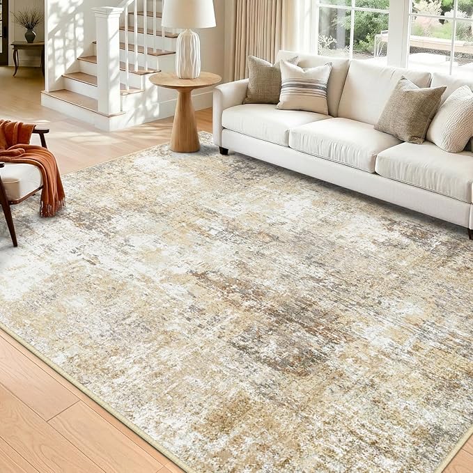 RELEANY Washable Area Rugs 9'x12' Non-Slip Modern Abstract Soft for Living Room Entryway Bedroom Nursery, Print Pattern, Neutral Brown Gray
