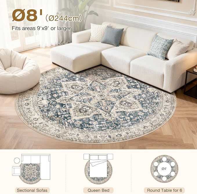 Tortania 8' Round Area Rug Living Room Rugs - Washable Boho Rug Vintage Oriental Distressed Farmhouse Large Thin Indoor Carpet for Bedroom Under Dining Table Home Office - Cream/Blue