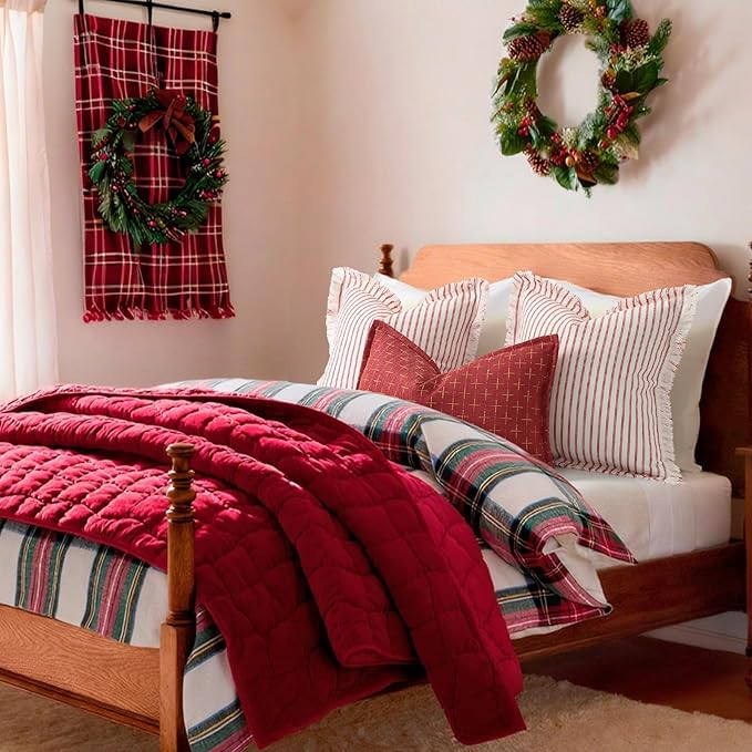 ZWJD Red Throw Pillow Covers 18x18 Set of 2 Striped Pillow Covers with Fringe Chic Cotton Decorative Pillows Square Cushion Covers for Sofa Couch Bed Living Room Farmhouse Decor