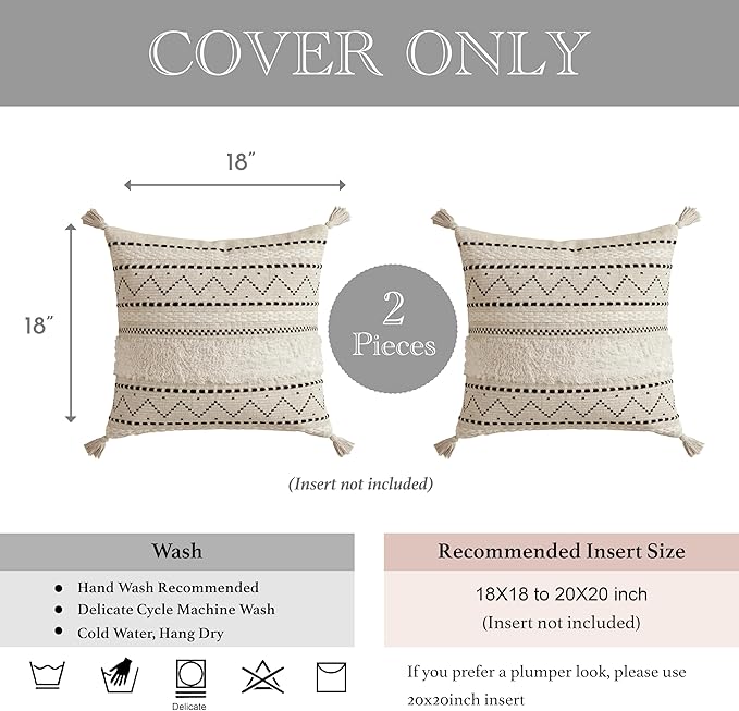 BlissBlush Decorative Throw Pillow Covers 18x18 Combo Set of 2 Square Boho Black Neutral Accent Pillowcase Tassels Farmhouse Cushion for Couch Sofa Bedroom Living Room Home Décor Cover ONLY