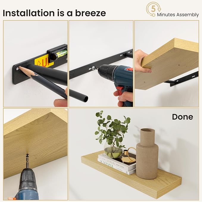Fun Memories Floating Shelves for Wall, 9.3 Inch Set of 4 Rustic Wood Wall Shelves with Invisible Brackets, Heavy Duty Storage Display for Bathroom Bedroom Living Room Kitchen, Oak