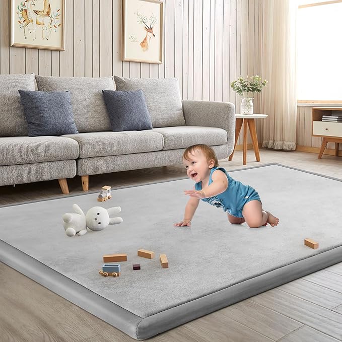 Baby Play Mat for Floor Nursery Rug Muscle Mat Area Rug Playroom Rug 47"x47" Playpen Mat Elastic Foam 1.3" Thick Crawling Mat for Babies,Toddlers, Infants, Kids,A Light Gray