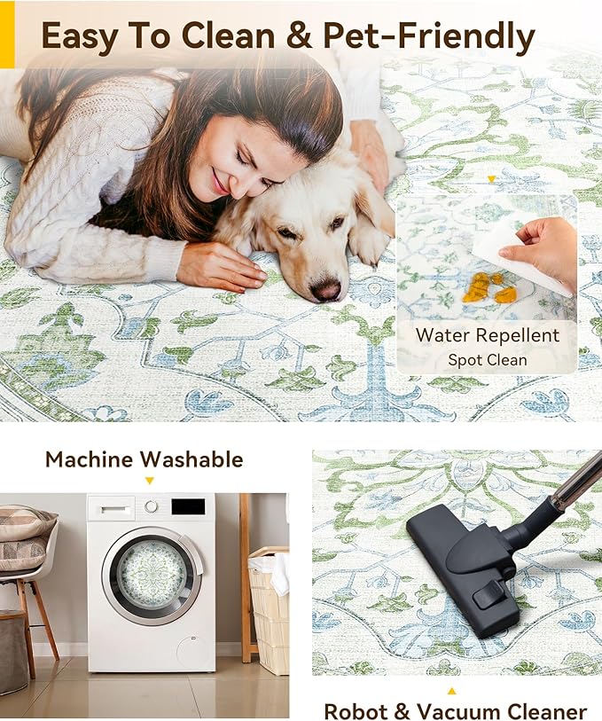 RELEANY Area Rugs Round 7ft Washable Non-Slip, Floral Vintage Distress Print Pattern Medallion Carpet for Living Room Bedroom Dining Room, Green White Blue