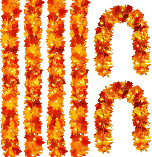 Joyhalo 6 Pack Fall Garland with Lights, Fall Leaves for Mantle, Outdoor Lighted Up Leaf Garland Autumn Decor with 6.5FT LED String Lights, Hanging Maple Leaves for Door, Thanksgiving Decor