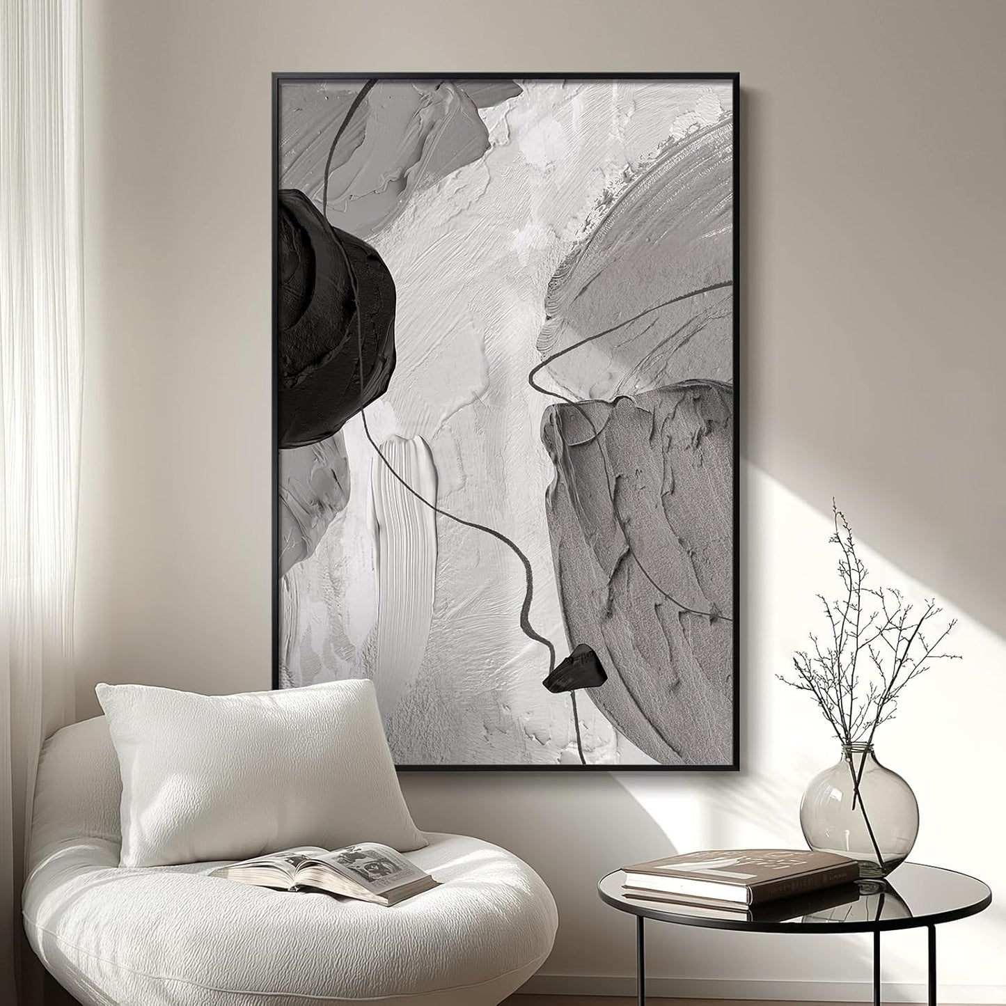 Large Framed Black and White Modern Abstract Vertical Wall Art for Living Room, Canvas Prints Paintings Artwork for Walls, Minimalist Gray Pictures for Hallway Stair Office Wall Decor 40x60 In