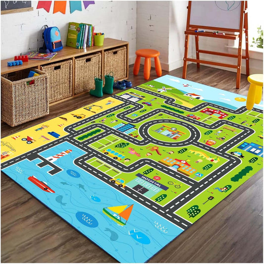 Kids Rug Playroom Car Rug Play Mat City Life Road Rugs Fun City Map for Kids Toy Cars Carpet for Bedroom Boys (Green-Rug, 3.3x4.9ft)