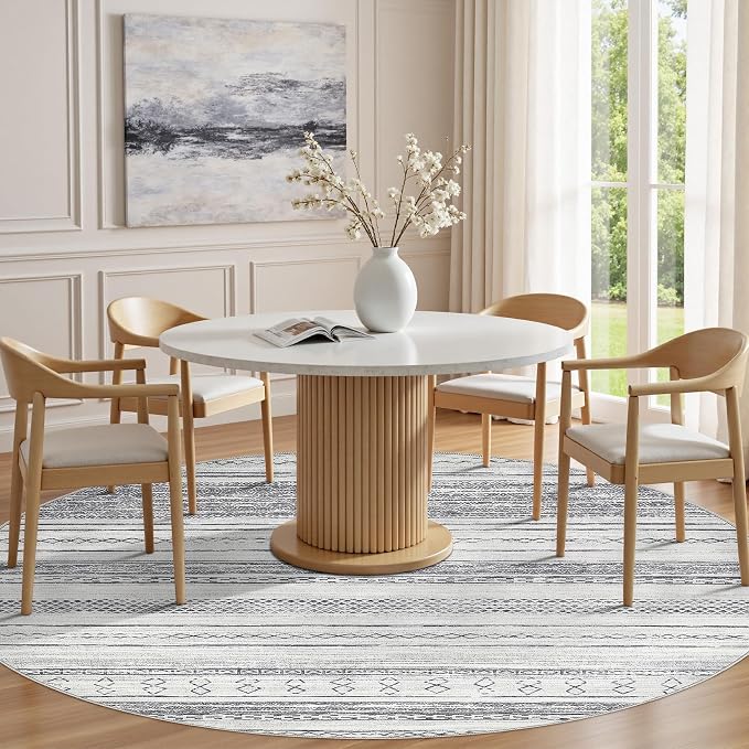 Tortania 6' Round Area Rug Living Room Rugs - Washable Large Soft Neutral Boho Moroccan Bohemian Farmhouse Rug Indoor Floor Carpet for Bedroom Under Dining Table Home Office Decor - Grey