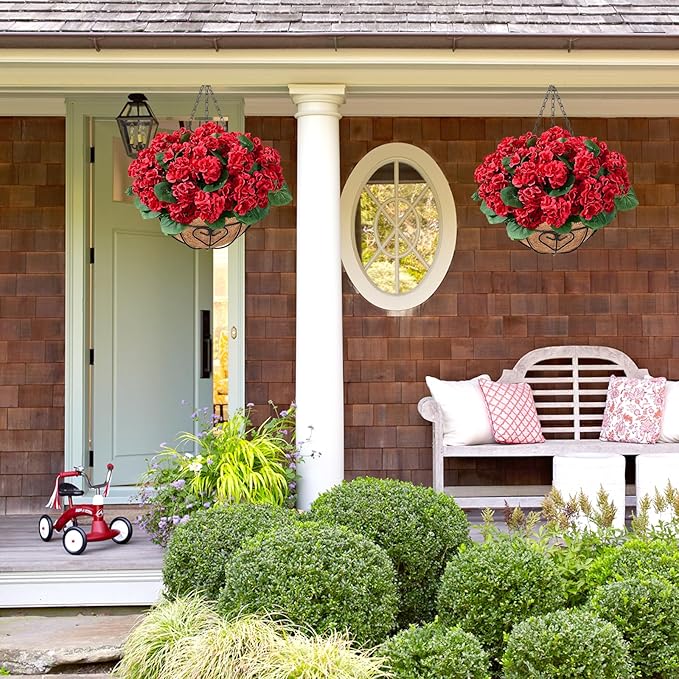 Waipfaru 2 Set Artificial Geraniums for Outdoors with Hanging Baskets, 12 Bundles UV Resistant Artificial Outdoor Plants, Fake Red Flowers for Spring Front Porch Home Patio Balcony Yard Decor
