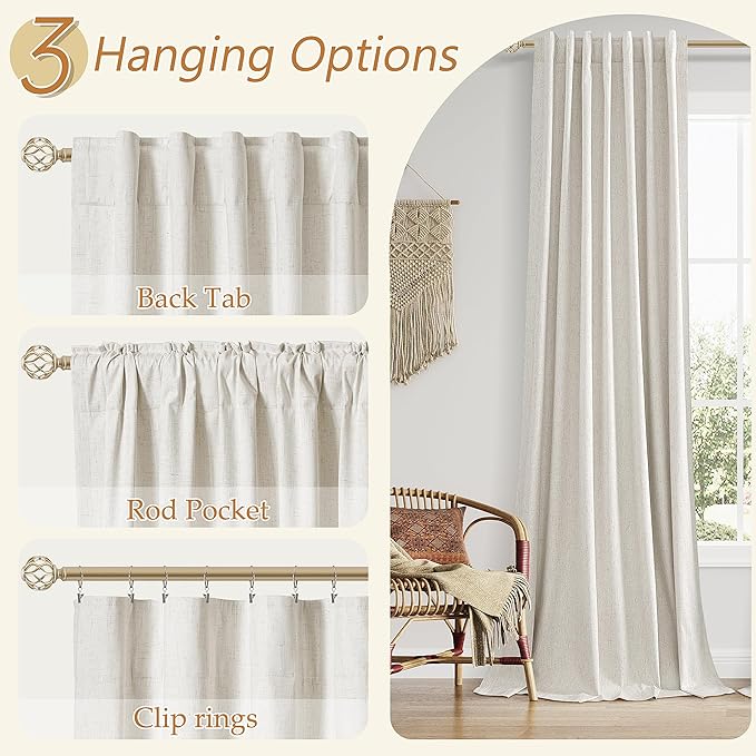 Guken Boho 100 Inches Long 100% Blackout Curtains Room Darkening Large Window Linen Drapes Sound Proof Heat Blocking Thermal Curtain for Bedroom Back Tab Rod Pocket, 52x100