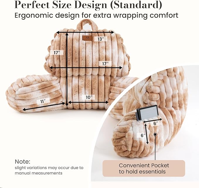Amélie Home Faux Fur Reading Pillow with Pocket for Sitting in Bed, Kids Backrest Bed Pillow with Washable Cover for Lounging, Watching TV/Gaming/Resting/Post/Surgery/Nursing, Tie-dye Khaki 17 inches