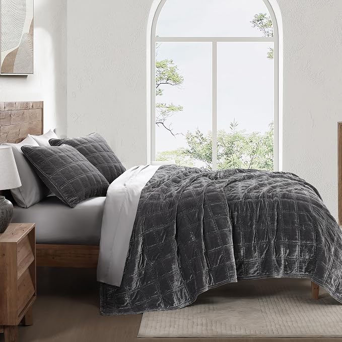 HiEnd Accent Stella Faux Silk Velvet Double Box Stitch 3 Piece Quilt Set, King Size, Slate Solid Color, Classic Chic Modern Rustic Elegant Bedding Set, Lightweight Bed Set