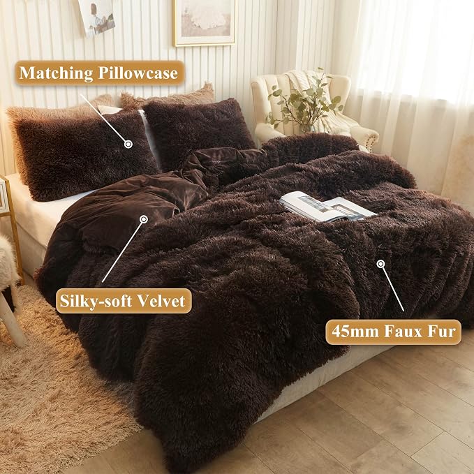 XeGe Plush Shaggy Brown Duvet Cover Set, Luxury Ultra Soft Velvet Fluffy Bedding Sets 2 Pieces(1 Faux Fur Furry Comforter Cover + 1 Fuzzy Faux Fur Pillowcase), Zipper Closure(Twin, Coffee)