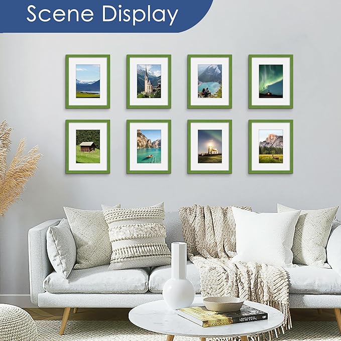 PEALSN 8x10 Picture Frame Set of 6, Display Pictures 5x7 with Mat or 8x10 without Mat for Wall Mounting or Table Top Display, Photo Frames Collage for Wall Decor, Green