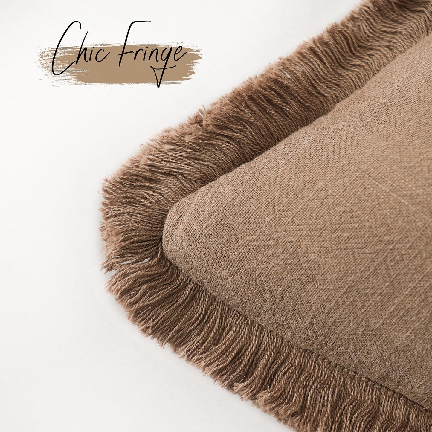 Foindtower Set of 2 Decorative Linen Fringe Throw Pillow Covers Cozy Boho Farmhouse Cushion Cover with Tassels Soft Accent Pillowcase for Couch Sofa Bed Living Room Home Decor,18×18 Inch,Khaki Brown