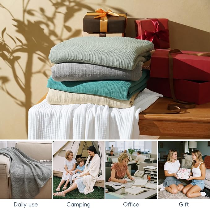 David's Home 100% Natural Cotton Muslin Blanket King Size, 4-Layer Soft Breathable Lightweight Comfy Cozy Throw Guaze for Hot Sleepers, 3D Bubble Room Decor for Bed Couch, Giftable, White, 108"x90"