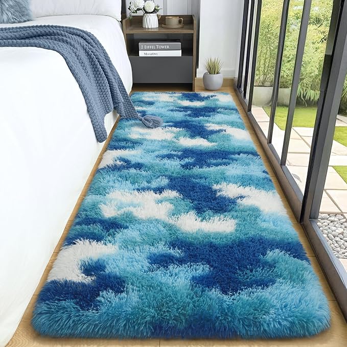 AROGAN Washable 2x6 Runner Rug for Hallway, Long Runner Rugs wtih Soft Memory Foam for Bedroom, Non Slip Backing Carpet, Bedside, Entryway Home, Camouflage Blue and White