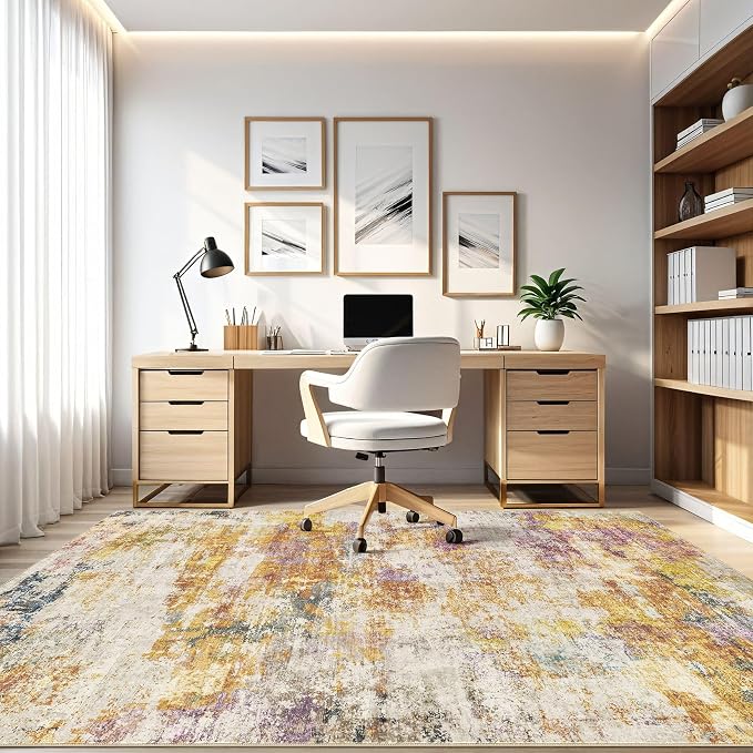 10x13 Area Rug Living Room: Washable Large Abstract Modern Soft Stain Resistant Indoor Floor Rugs Non-Slip Accent Carpet for Bedroom Nursery Playroom Office Dining Room Dorm Home House- Gold Colorful