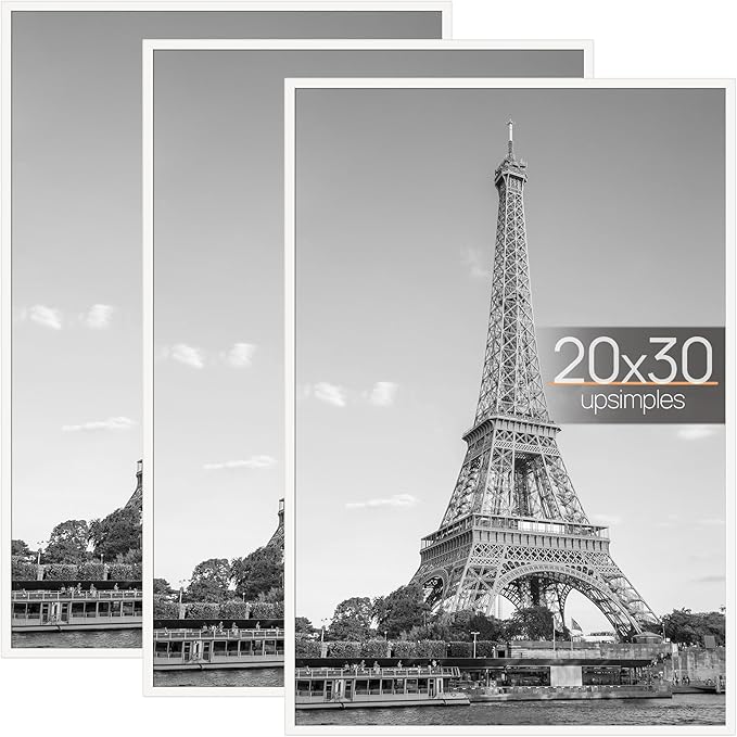 upsimples 20x30 Picture Frame White 3 Pack, Scratch-Proof Poster Frames 20 x 30 for Photo Gallery - Slide-In Strips, Horizontal or Vertical Wall Mounting