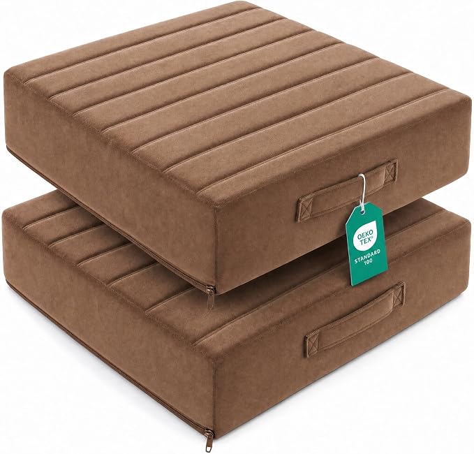 Codi High Density Foam Floor Pillow 2 Sets, 5" Thick Large Meditation Cushions Seating for Adults and Yoga Sitting, Washable Thick Couch Cushion with Soft Tufted Covers - 22 inch Coffee
