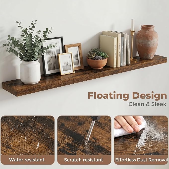72 Inch Floating Shelves for Wall, 8"D Wood Storage Shelves, Brown Finish | Engineered Wood, Invisible Bracket, Large Storage, Easy Install, Hold Up to 99lbs, Living Room, Bathroom, Bedroom, Kitchen