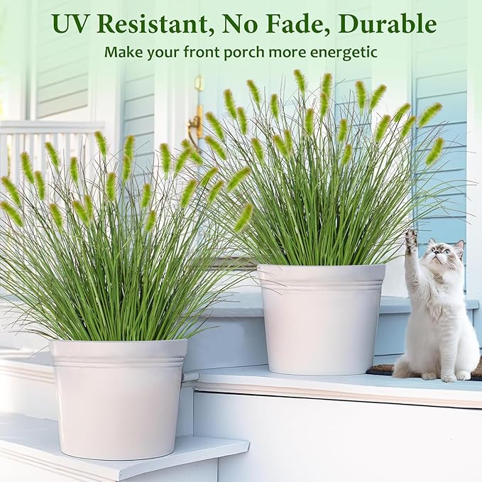 14PCS Artificial Dog Tail Grass Plant UV Resistant Outdoors Faux Plants Ornamental Wheat Grass Cattails Artificial Flowers Home Decor for Outdoor Garden (14, Dark Green with Dog Tail)