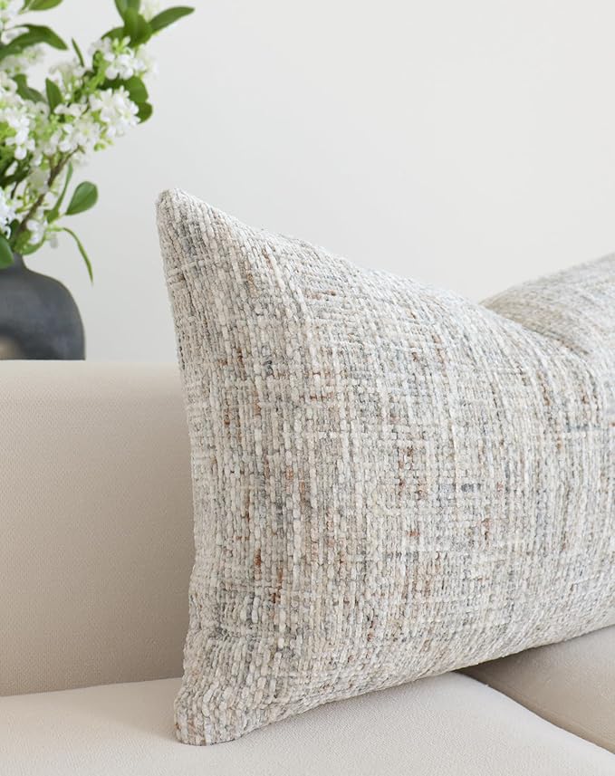Textured Chenille Lumbar Pillow Covers 12x20 Inch Set of 2 Soft Neutral Woven Accent Boho Farmhouse Rectangle Decorative Cushion Cases for Modern Home Decor Couch Sofa Chair Living Room