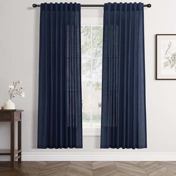 Jowels Navy Linen Curtains 72 Inch Long 2 Panels for Living Room | Navy Blue Light Filtering Semi Sheer Curtain,Back Tab Pocket Pleated Look,Boho Textured Privacy Drapes for Bedroom Window