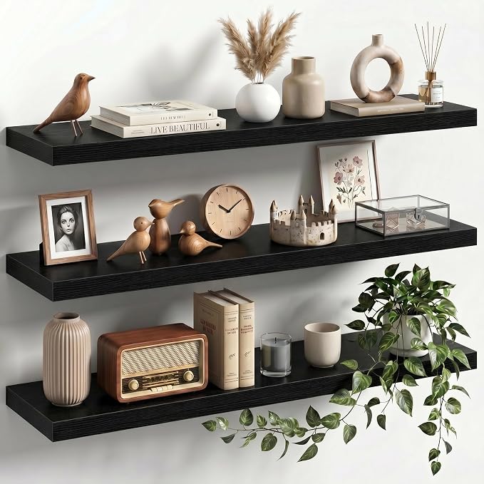 36" Floating Shelves for Wall, Set of 3, 8" Deep, 1.5" Thick, Black | Rustic Wood Wall Shelves with Invisible Brackets, Storage and Display for Bathroom, Bedroom, Living Room or Kitchen