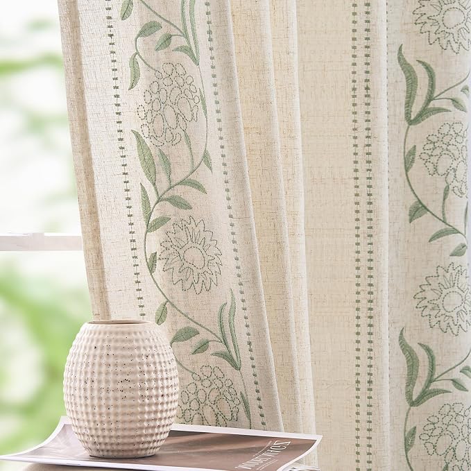 jinchan Winslow Linen Curtains for Bedroom 96 Inches Length Embroidered Bordered Floral Curtains for Living Room Farmhouse Decor Light Filtering Window Treatments Sage on Beige Drapes 2 Panels
