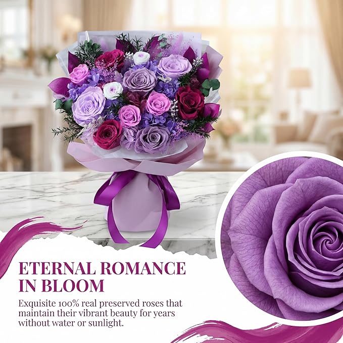 XTYFJGVA 12 Preserved Purple Roses Bouquet, Flowers for Delivery, Real Roses That Last 1-3 Years, Birthday Gifts for Women, Forever Flower Gifts for Mom, Wife, Grandma, Her on Mothers Day, Anniversary