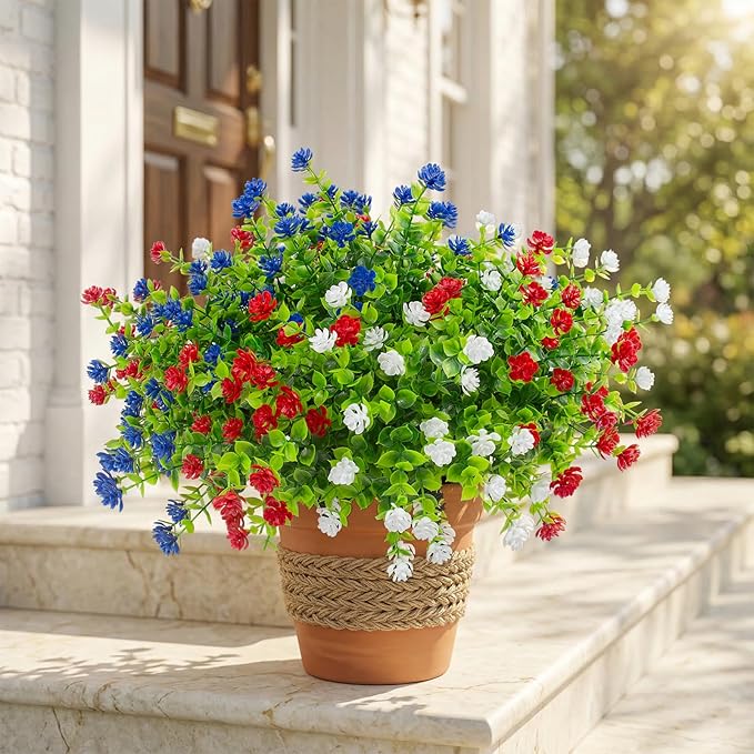 Hananona 12 Pcs Artificial Flowers Outdoor, Faux Artificial Plants UV Resistant Plastic PatrioticFlower for Hanging Planter Porch Window 4th of July Decor (12, Red, White, Blue)