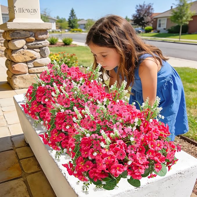 16 Bundles Artificial Flowers for Outdoors, UV Resistant Silk Faux Flowers for Outside Planters,Garden,Porch,Patio,Yard,Home Decor(Hot Pink)