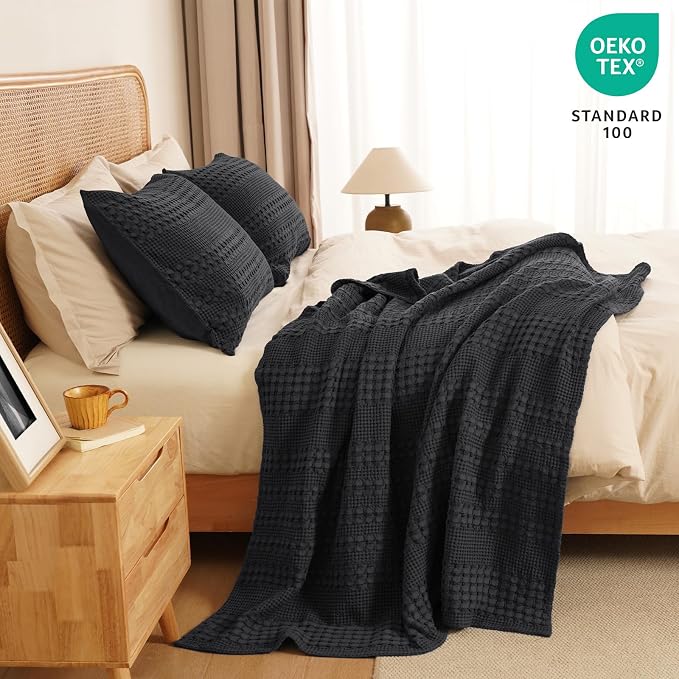 PHF 100% Cotton Waffle Throw Blanket for Couch, Lightweight Breathable and Soft for Summer, Luxury Aesthetic Waffle Weave Blanket for Home Decor & Office, Gifts for Women, 50"x60", Black
