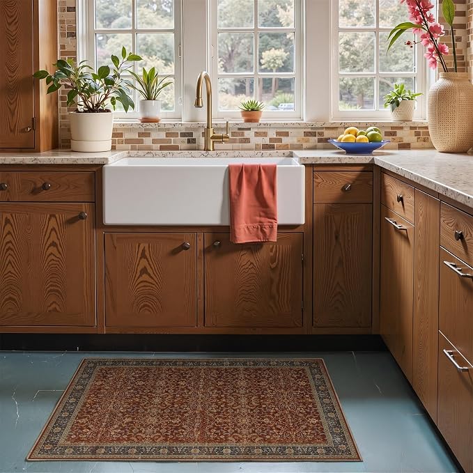 Washable Entryway Rug 2x3, Vintage Print Kitchen Bathroom Rugs Non Slip, Maximalist Small Rug for Bedroom Old Money Aesthetic, Low Pile Ultra Thin Door Mat Indoor Entrance, Deep Burnt Orange
