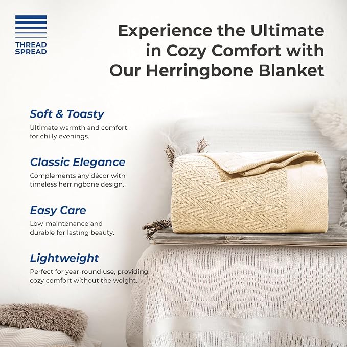THREAD SPREAD Organic GOTS Certified Cotton Blanket, Twin/Twin XL - 350 GSM, Antistatic, Fuzzy Soft, Lightweight, Sofa, Camping & Travel, All-Season Herringbone Throw, Biege + Stylish Bonus Tote Bag