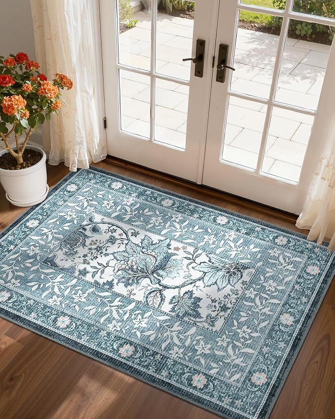 GarveeHome Mist Blue 2x3 Door Mat Indoor Rugs for Entryway Provence Small Botanical Grove Cottagecore Washable Non-Slip Low-Pile Rug for Bedroom Kitchen Bathroom Entrance