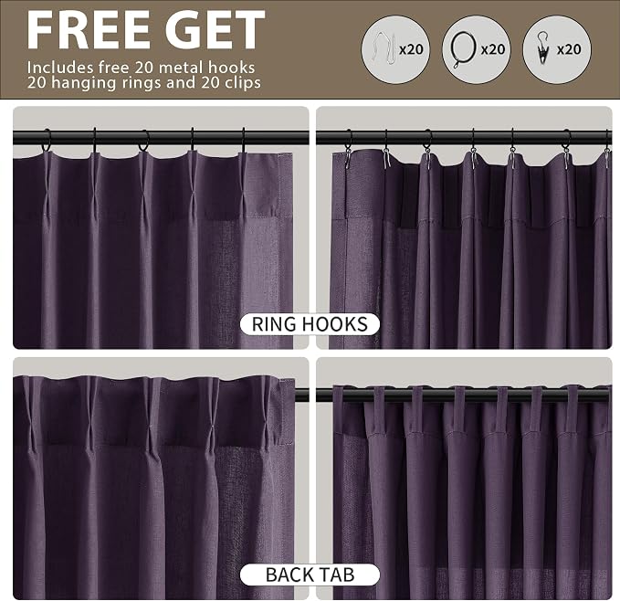 Guken Plum Purple Pinch Pleated Linen Curtains 84 Inches Long 2 Panels Vintage Boho Window Curtain for Living Room Bedroom Light Filtering Semi Sheer Back Tab Draps with Hooks Rings Aesthetic Decor