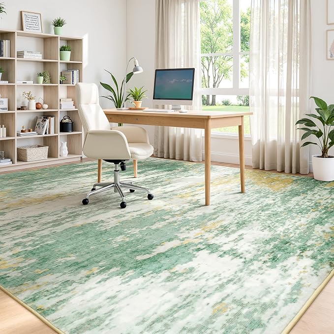 Lofus 9x12 Area Rug for Living Room,Abstract Large Rugs with Non-Slip Backing, Neutral Modern Washable Carpet for Bedroom Dining Room Home Office Nursery Indoor, Light Green/Yellow