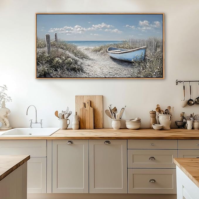 Coastal Wall Art for Living Room Vintage Boat Artwork for Walls, Framed Landscape Canvas Wall Art Blue Ocean Beach Pictures, Farmhouse Sailboat Bedroom Decor Above Bed 20×40IN