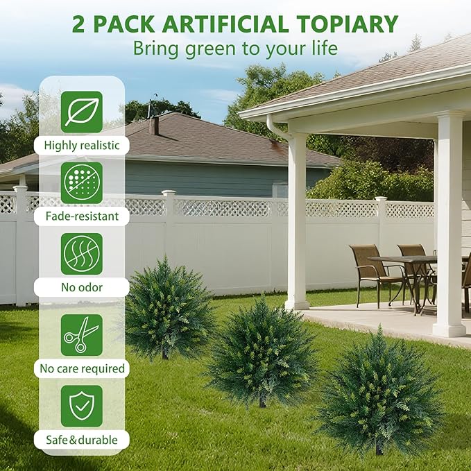 Yangrass 2PCS Artificial Cedar Topiary Ball Trees 23" for Outdoors with Ground Spike, UV Resistant Artificial Cypress Trees, Evergreen Shrubs Bushes Faux Plants for Front Porch Garden Backyard