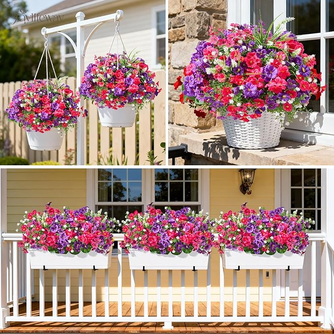 16 Bundles Artificial Flowers for Outdoors, UV Resistant Silk Faux Flowers for Outside Planters,Garden,Porch,Patio,Yard,Home Decor(Purple&Hot Pink)