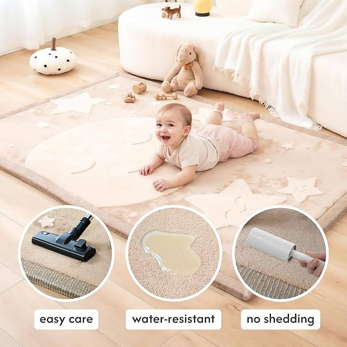 Hakuna Matte CloudRise Baby Play Mat for Floor 60" x 80" Moon & Stars – Coral Velvet Memory Foam Rug for Crawling & Cozy Play – Non-Slip, Water-Resistant, Easy-Care Tummy Time Mat, Playmat for Playpen