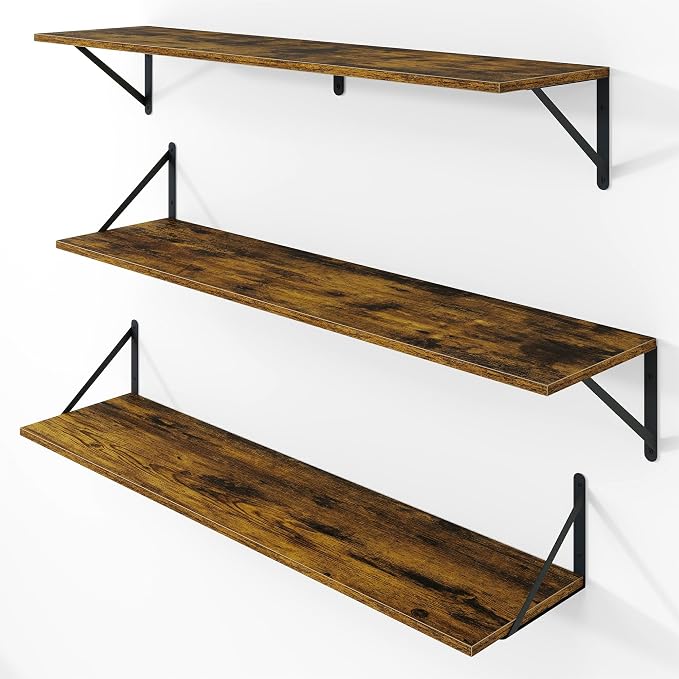 Vivelove Deep Floating Shelves for Wall, 36W x 8D Wood Wall Shelves Set of 3, Wide Floating Bookshelf for Living Room, Kitchen, Office, Bedroom and Decor Storage, with Metal Bracket - Rustic Brown