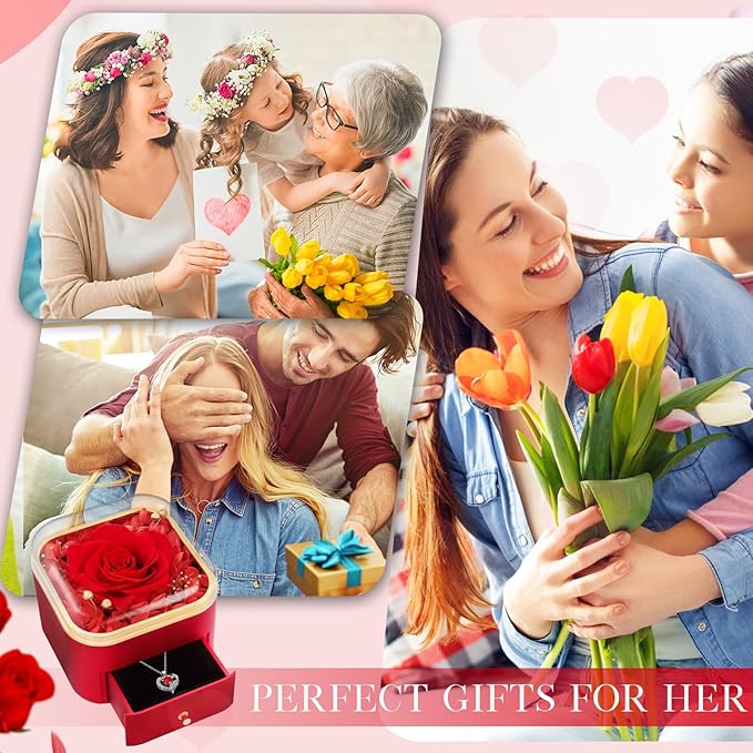 Beferr Gifts for Mom Preserved Real Rose with Red Necklace Eternal Roses Forever Flowers for Delivery Christmas Anniversary Birthday Mothers Day Flowers for Women Her Grandma Wife Daughter Girlfriend
