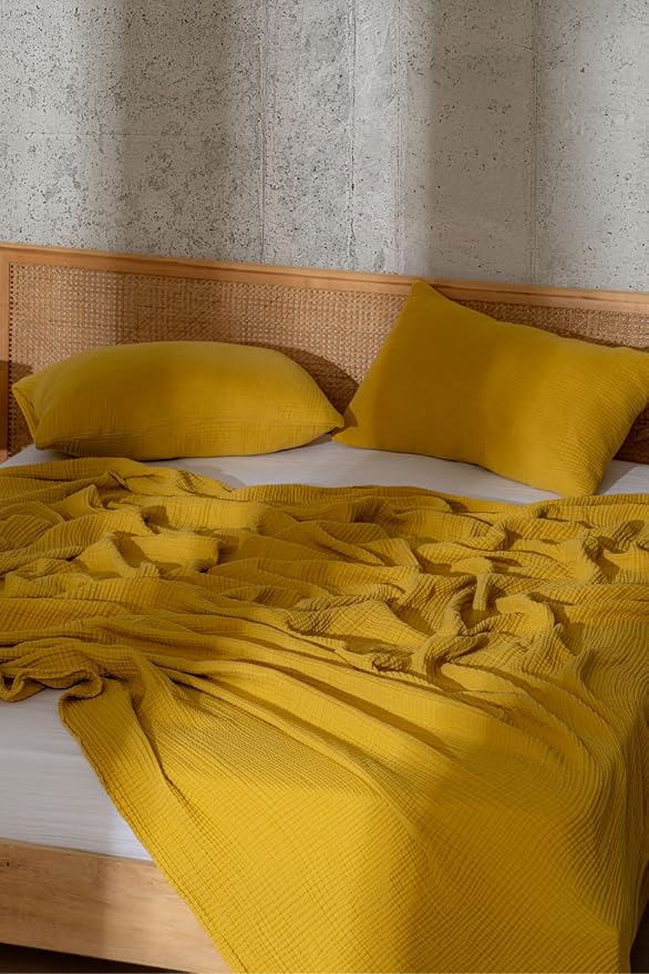 Muslin Blanket - Pure 100% Turkish Cotton Airy Soft Light Versatile Gauze Throw Blanket for Bed, Couch, Sofa (Mustard Yellow, Twin XL Size (71" x 95" inch))